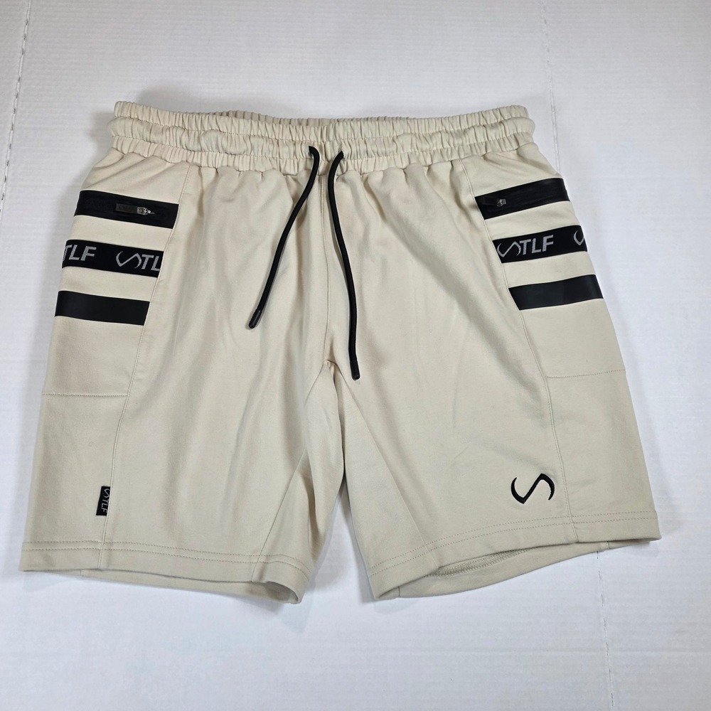 TLF Resolute Shorts Mens XL Cream Black Striped Zipper Pockets Athletic Gym